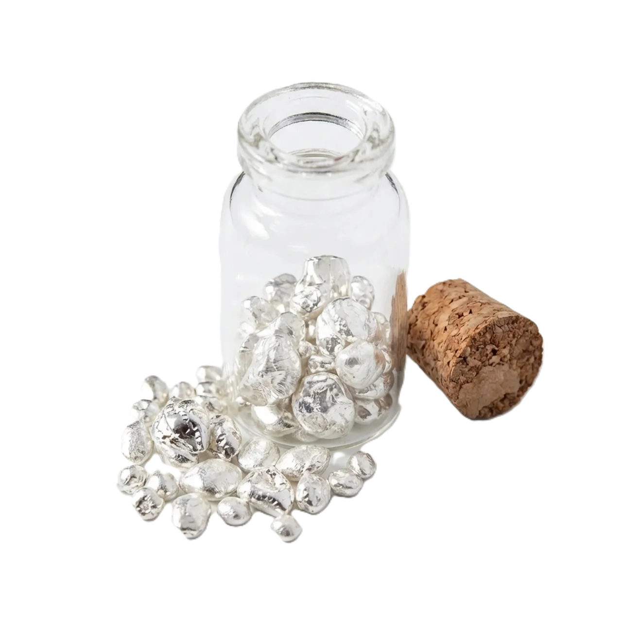 Shiny silver grains in a small glass jar with cork stopper, 10 grams of .999 silver, vintage mint, close-up, ideal.