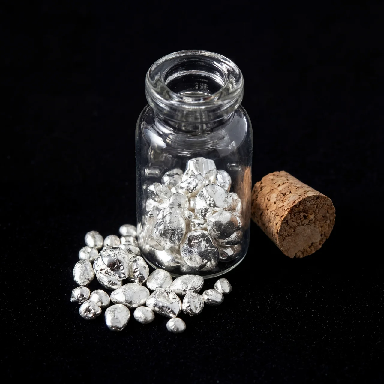 Bright, reflective .999 silver grains in a small glass jar with cork stopper, captured from a top angle, 2023, Mint.