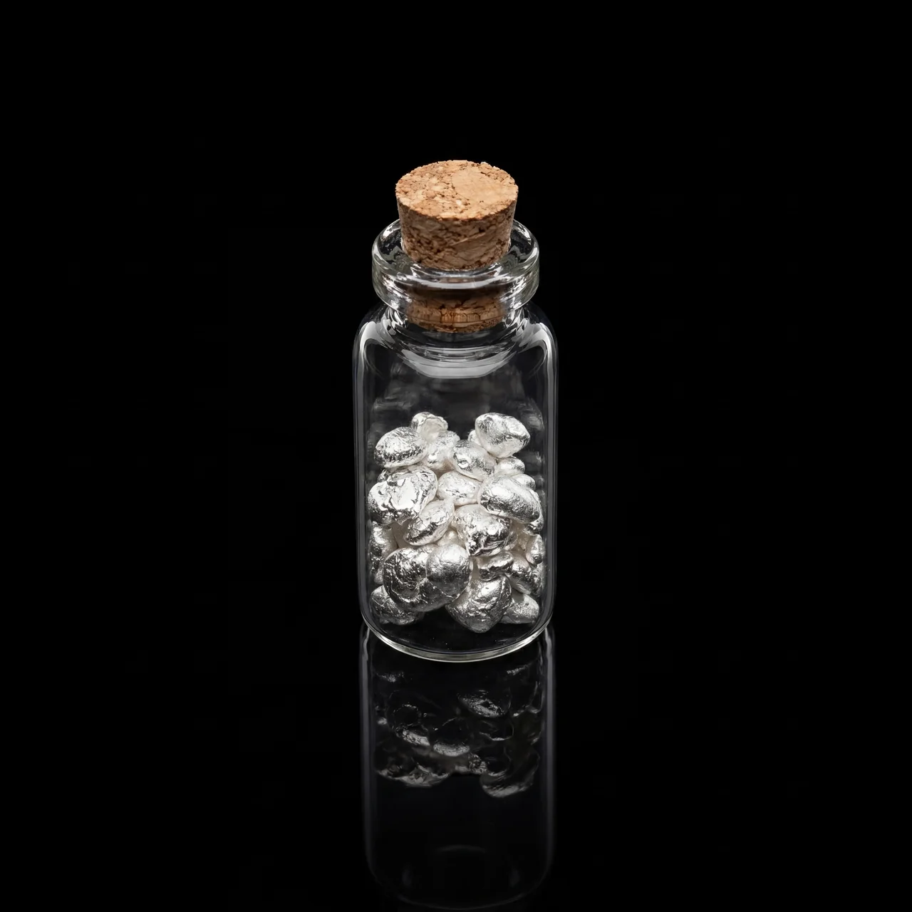 A small glass vial with a cork stopper containing silver grains, shot from a front angle, 2023, minted by the US Mi.