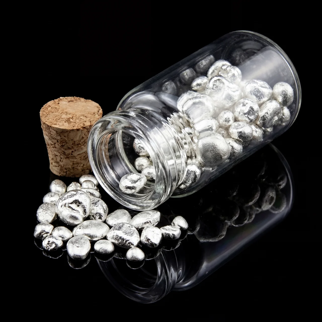 Shiny .999 silver grains in a glass jar, angled view, produced in 2023 by a renowned mint, weighing 10 grams, perfe.