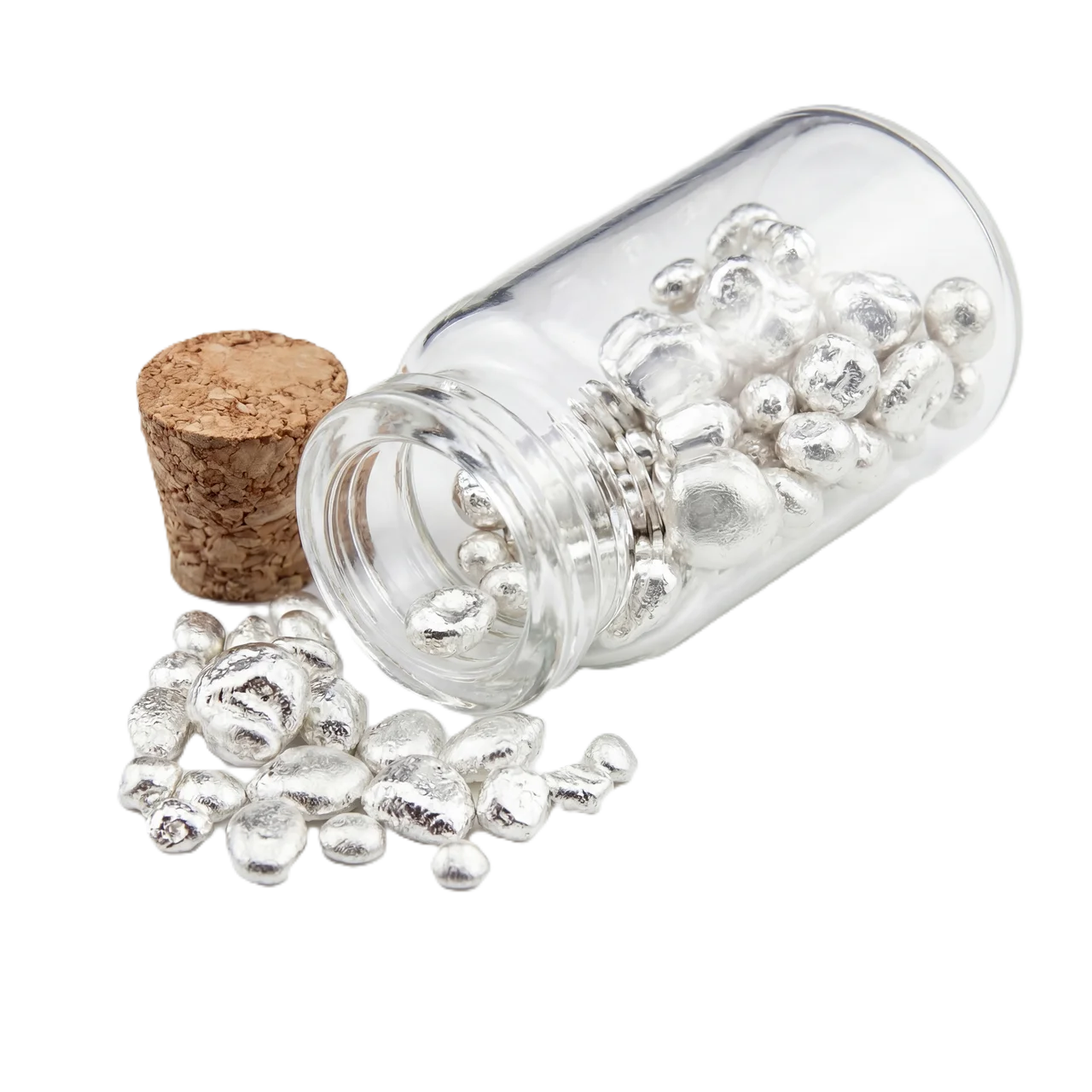 Close-up of .999 silver grains in a glass jar, viewed from the side, made in 2023 by the US Mint, 10 grams, with a.