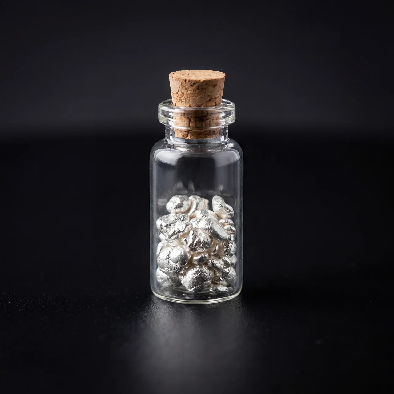 A small glass vial with a cork stopper, filled with shiny silver .999 silver grains, angled to showcase the metalli.