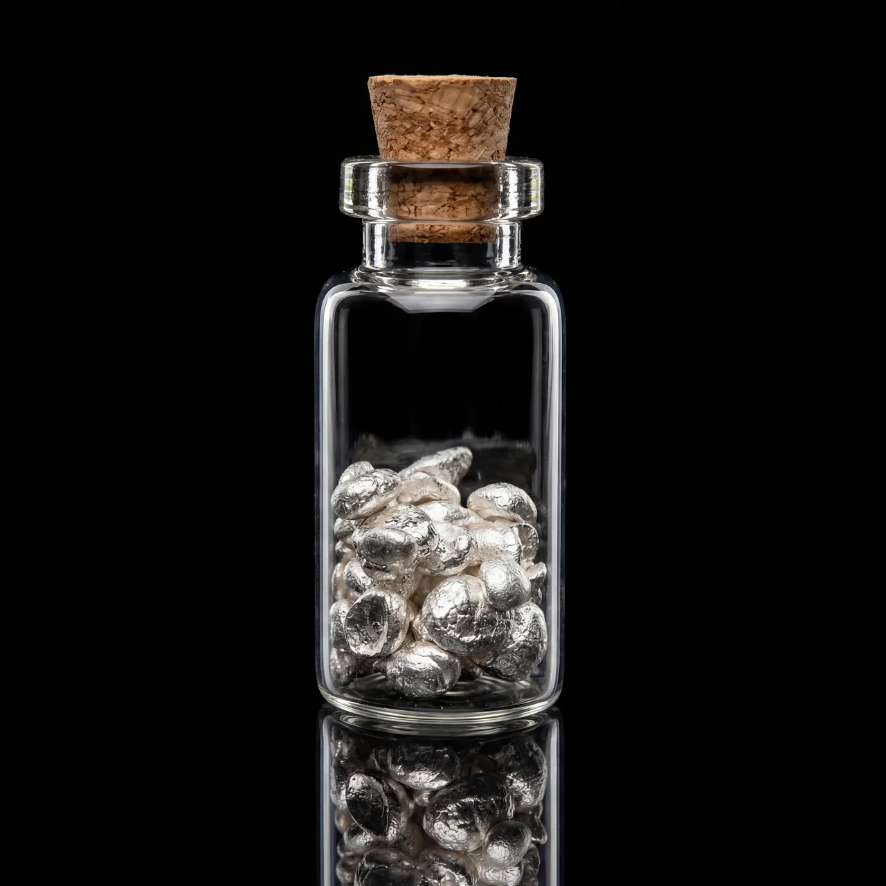 Shiny silver nuggets in a small glass vial with cork stopper, 10 grams of .999 silver grain, vintage style, side an.