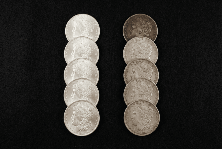 Two rows of silver coins on black felt, one row matching in tone and the other showing uneven tarnish and wear.