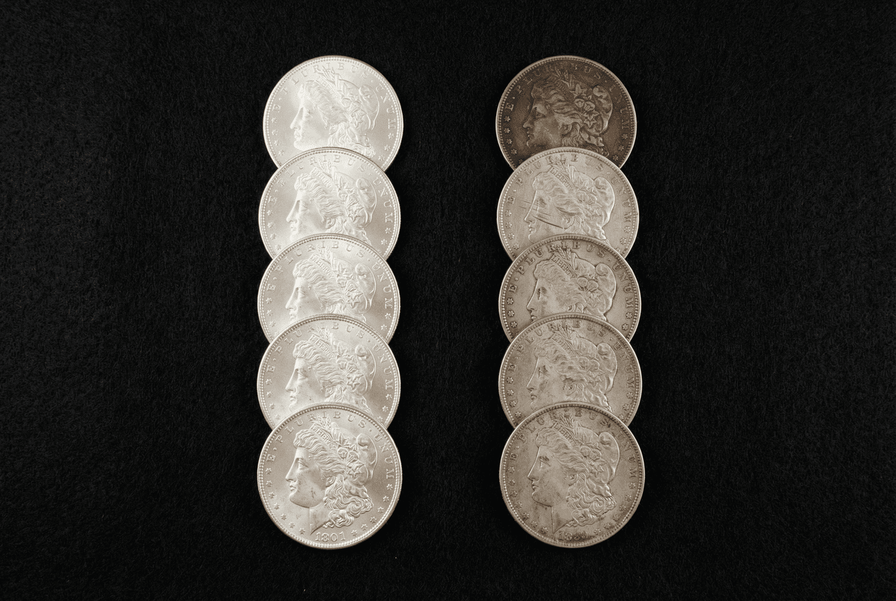Two rows of silver coins on black felt, one row matching in tone and the other showing uneven tarnish and wear.