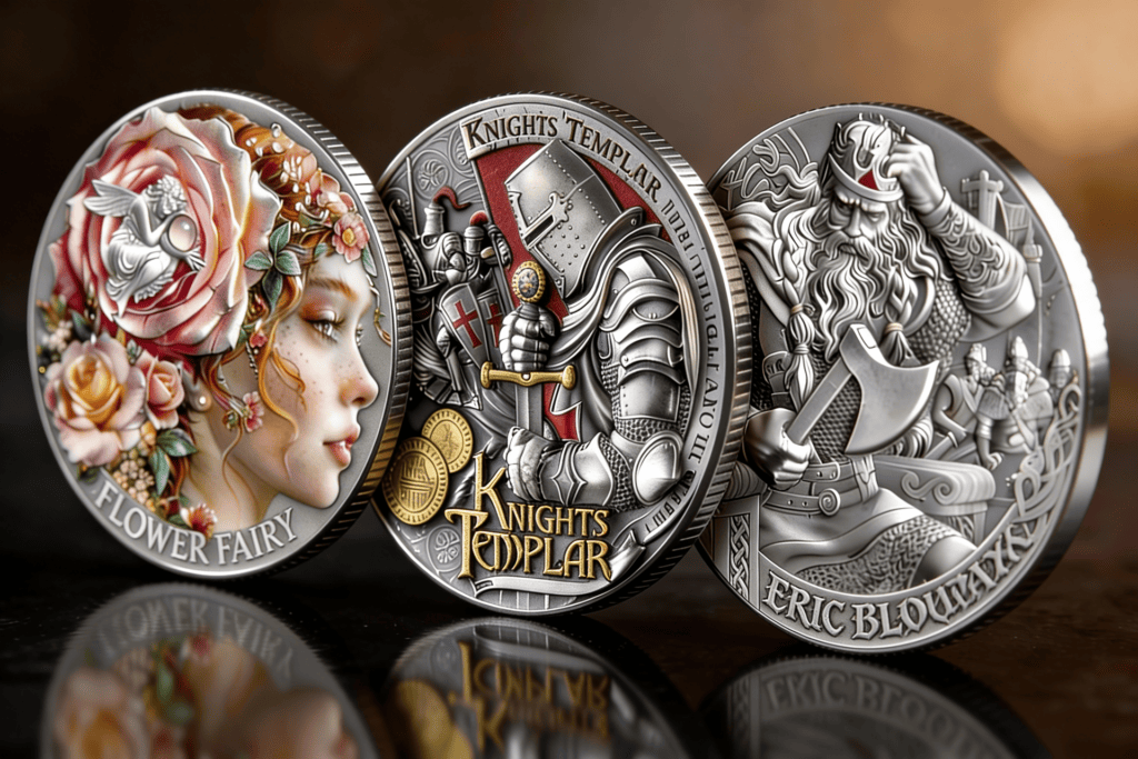 Close-up of three minted silver coins from 2023 by Mint XXI, featuring Flower Fairy, Knights Templar, and Eric Blou.