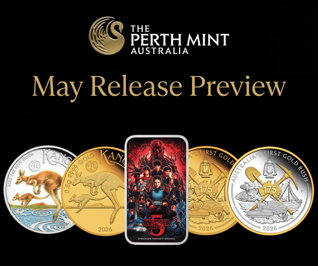 Shining side view of 2026 Perth Mint gold coin featuring a kangaroo, weighing 1/2 oz, minted in Australia, with a d.