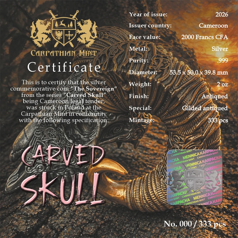 Intricately carved skull-shaped silver coin from Cameroon, antiqued finish, 2 oz weight, with certificate and limit.