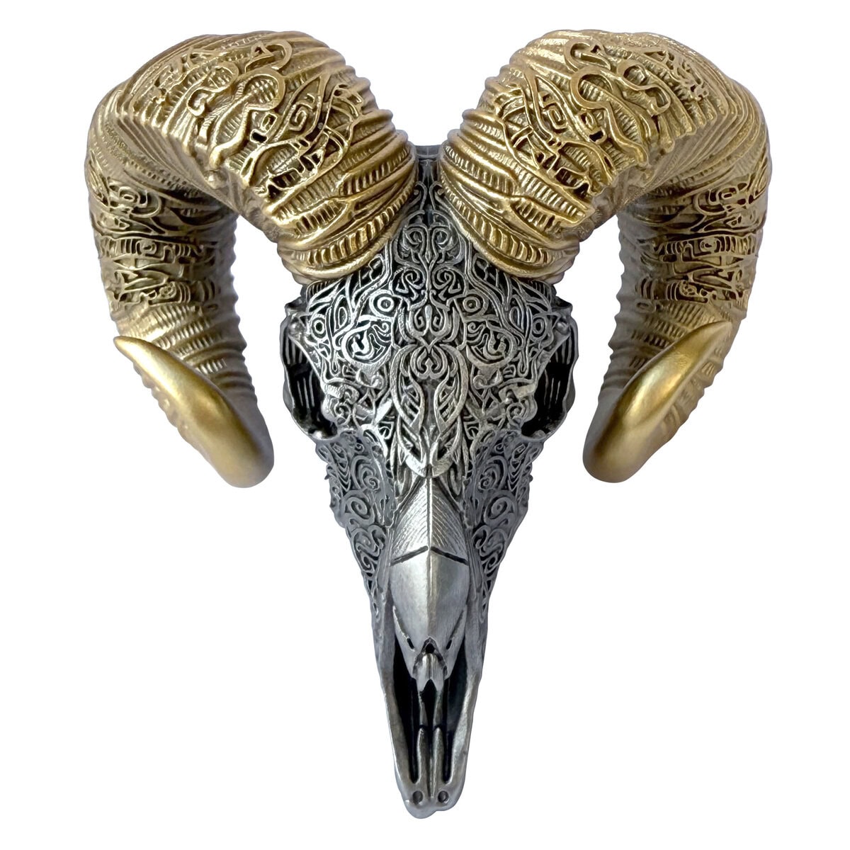 Intricately carved silver skull coin with gold-toned ram horns, detailed tribal patterns, and a striking antiqued f.