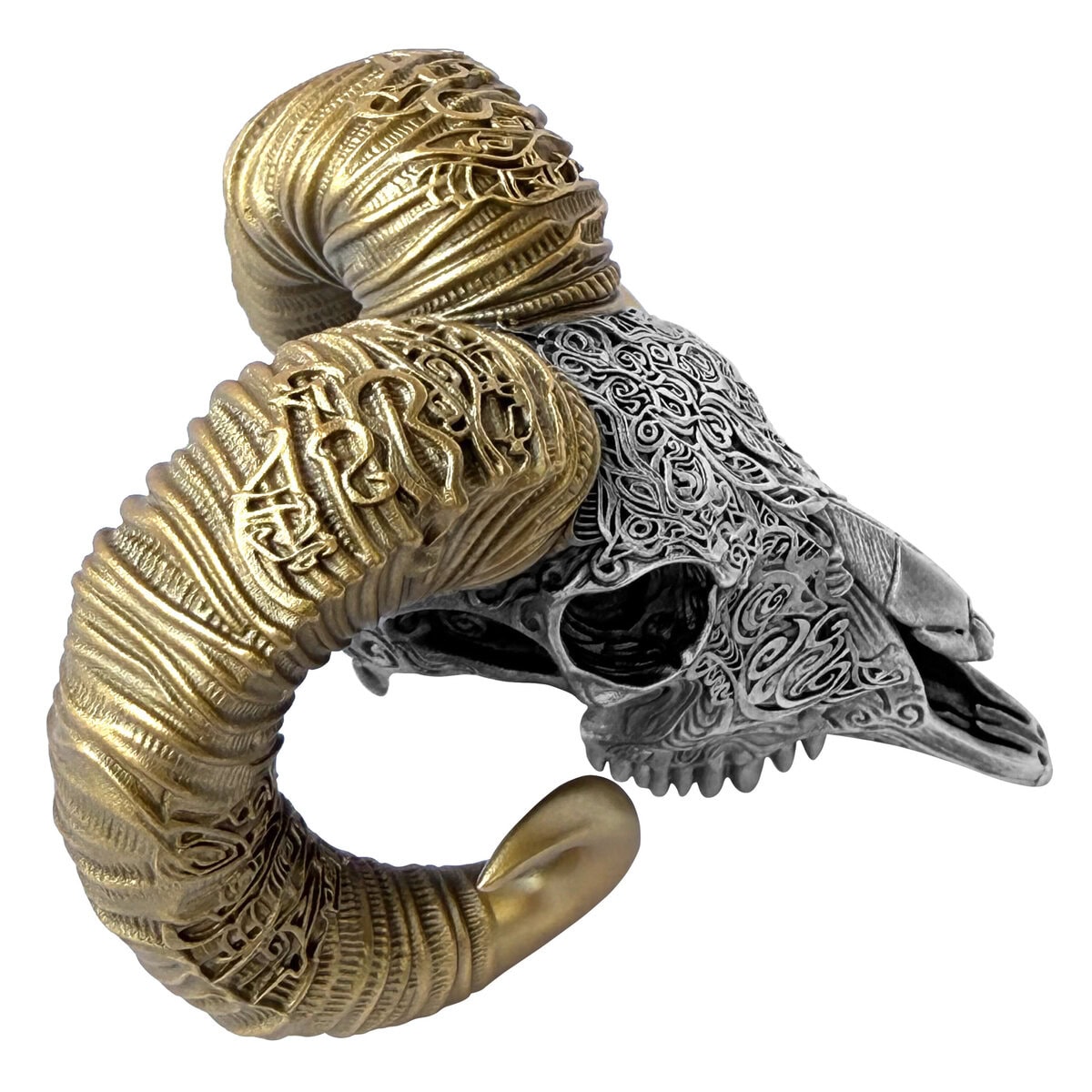 Intricately carved silver skull with gold horns and detailed engravings, inspired by Cameroon's cultural artistry a.