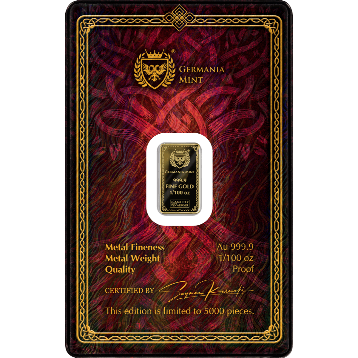 Crucial angle, 2026, Germania Mint, 1.100 oz gold proof bar in safepack, featuring Frigg goddess theme.