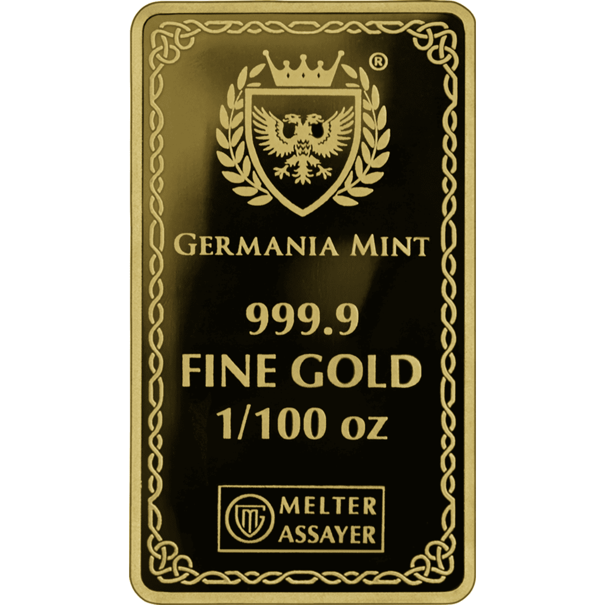 Front view of 2026 Gods of Germania Frigg 1.100 oz Gold Proof Minted Bar by Germany Mint, showcasing intricate desi.
