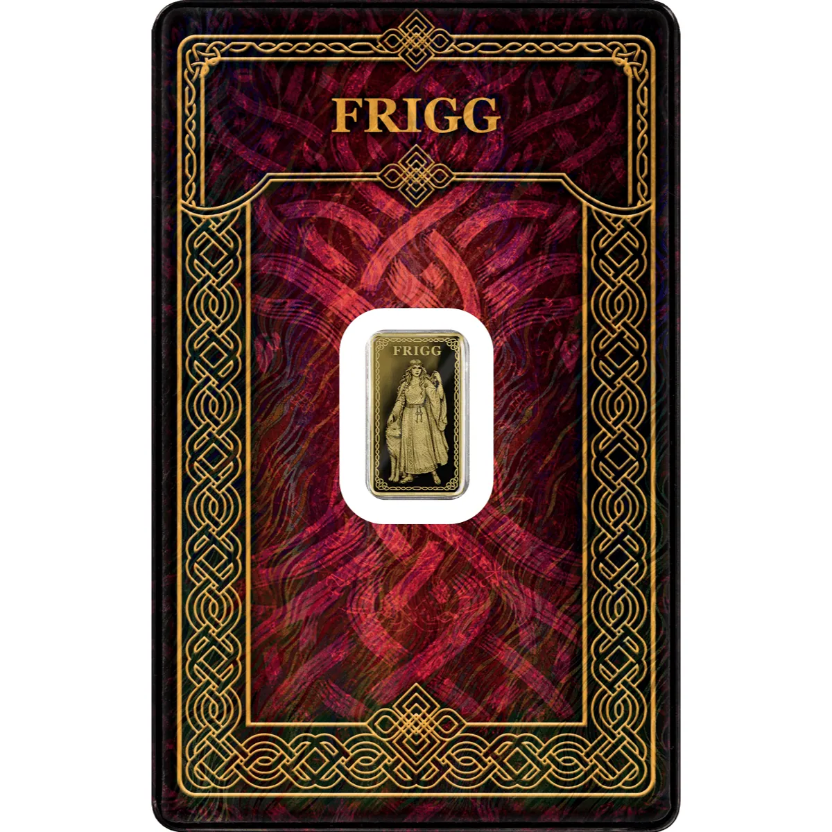 Crucial angle, 2026, mint by Germania, 1.100 oz gold proof bar, featuring Frigg, in safepack GR Reserve front card.