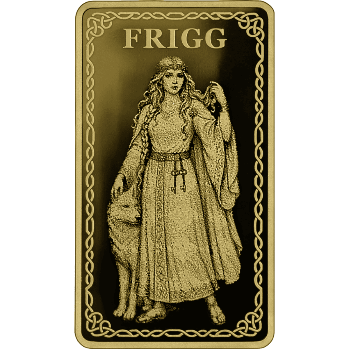 Front view of 2026 Frigg 1.100 oz gold proof minted bar, made by Mint, featuring Norse goddess, in a safe pack.