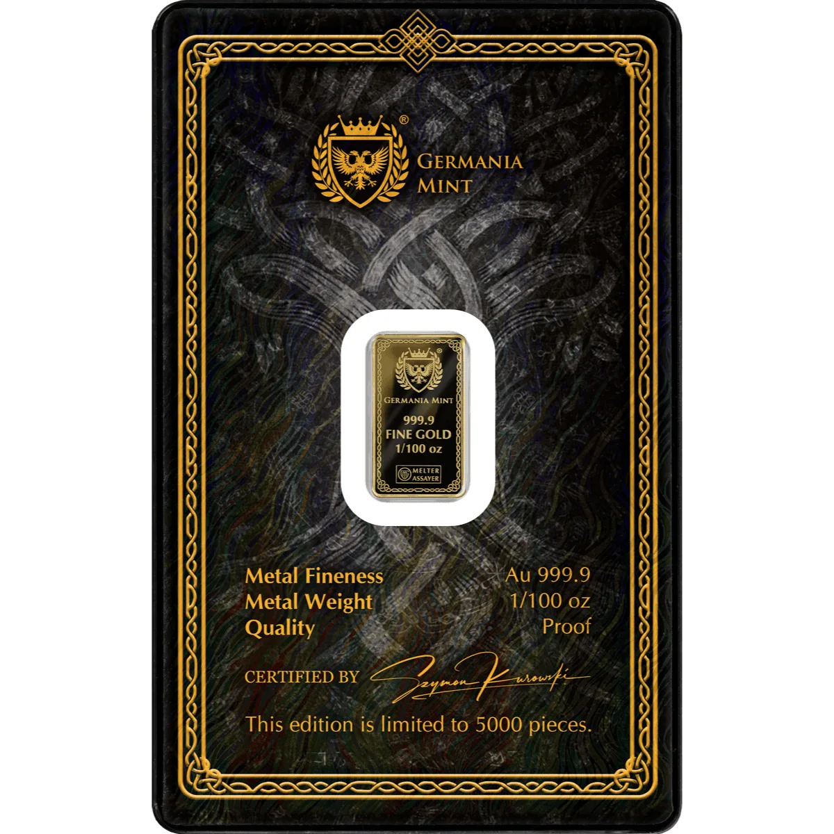 The Crucial for ecommerce angle: Odin gold proof bar, 1.100 oz, 2026, Germania Mint, detailed design, limited editi.