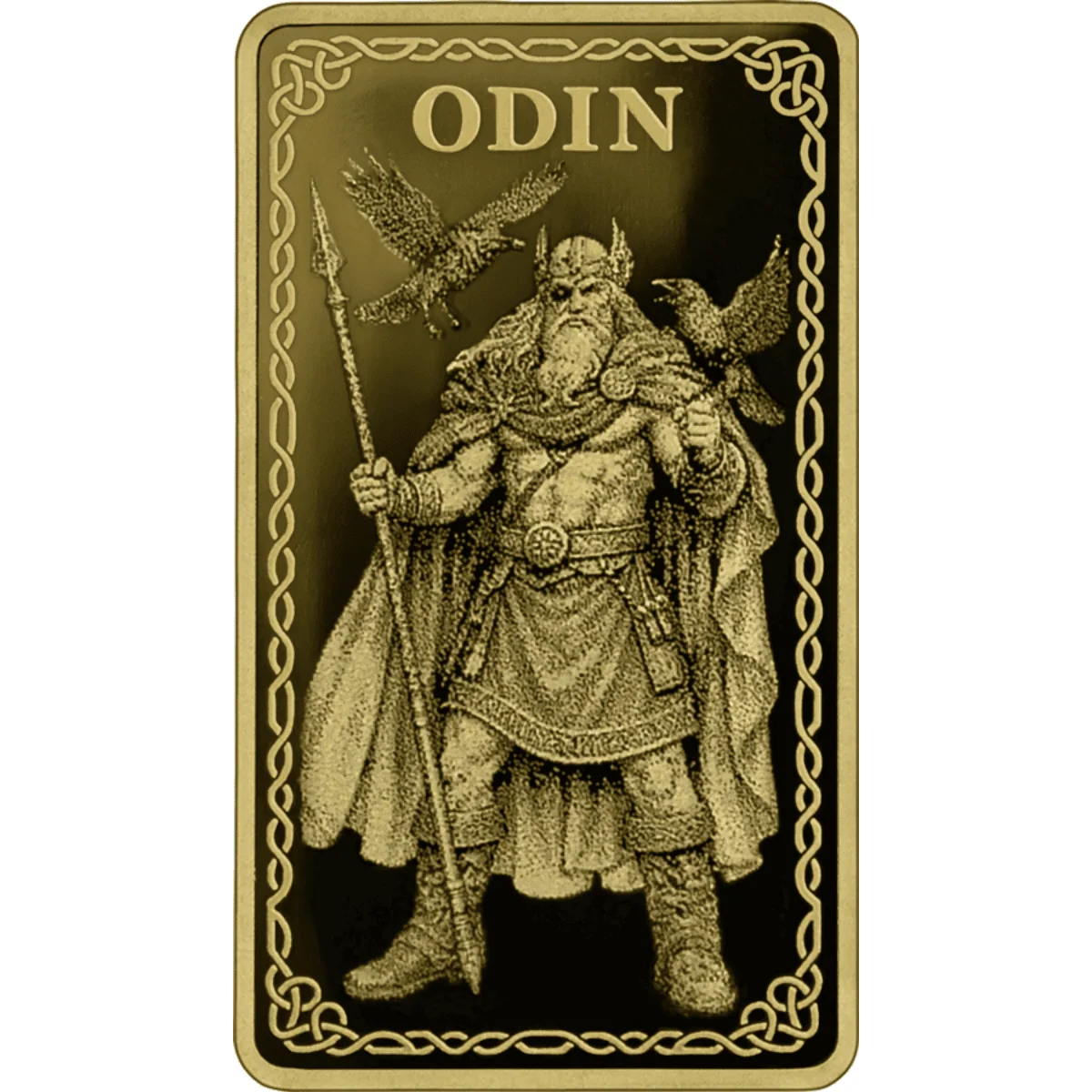 Odin 2026 gold proof bar, front view, 1.100 oz, minted by Germania, featuring Norse god theme, in safepack for coll.