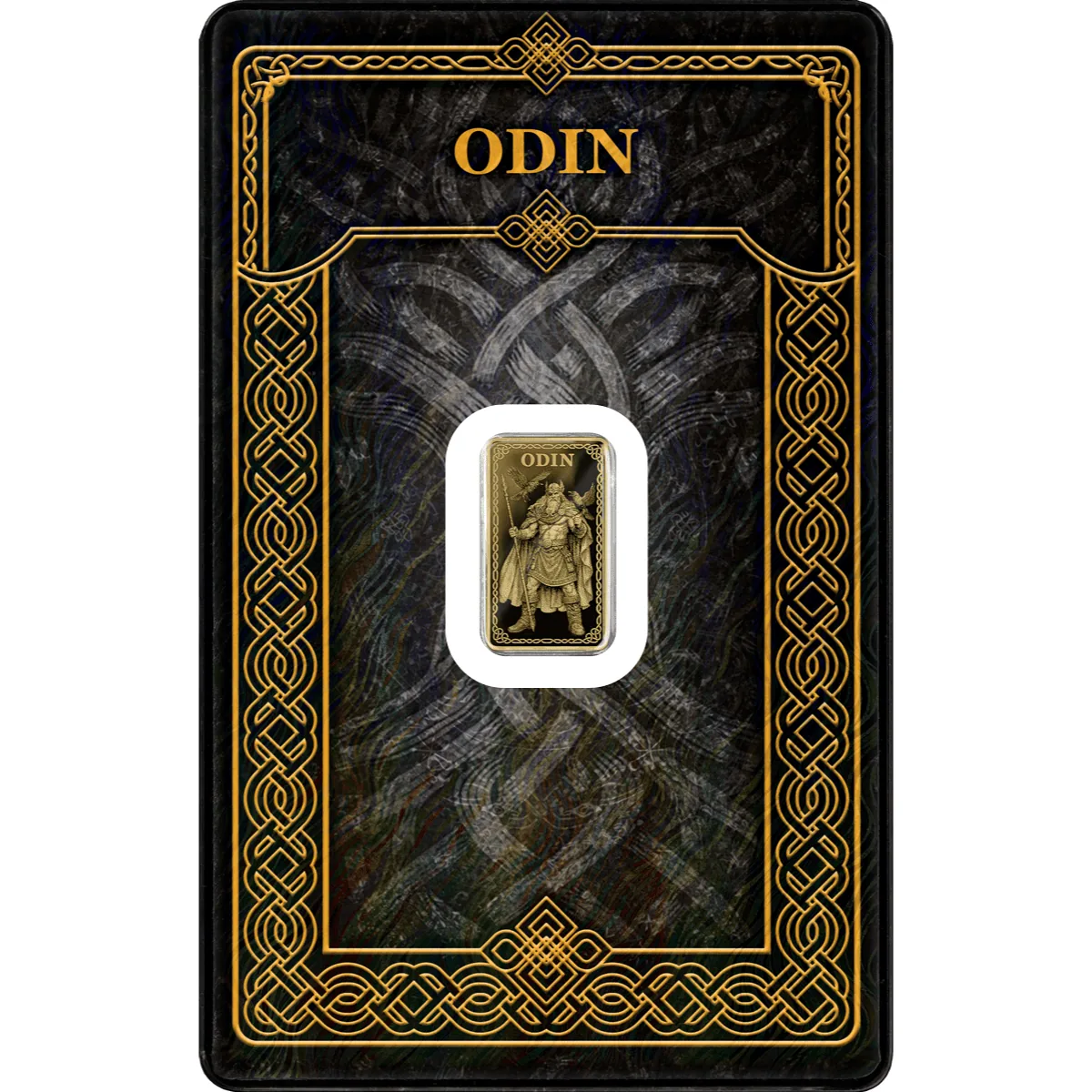Shimmering Odin gold proof bar from 2026, minted by Germania, 1.100 oz, showcased in a sleek safepack with intricat.