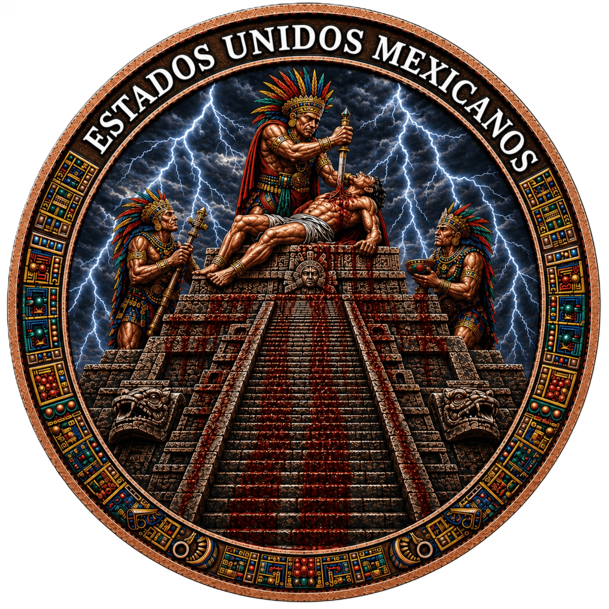 Intricate Aztec sacrifice scene on 2026 Mexico copper medal, minted in 2026, 5 oz weight, viewed from a frontal ang.