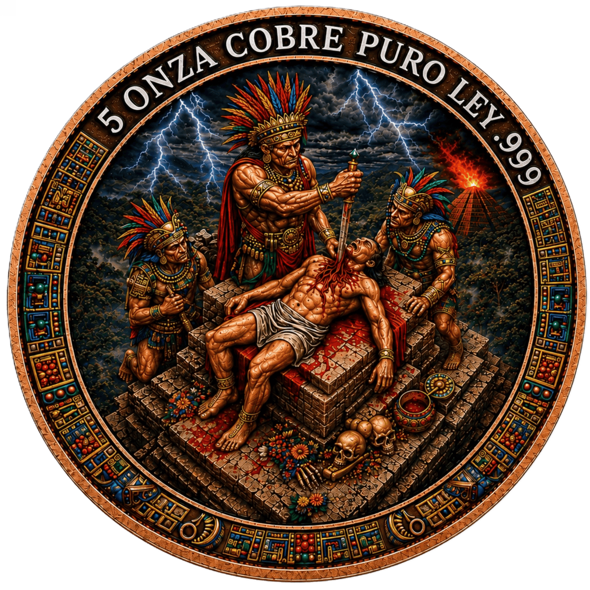 Intricate Aztec sacrifice scene on a 2026 Mexico copper medal, 5 oz weight, minted in 2026, viewed from a slight an.
