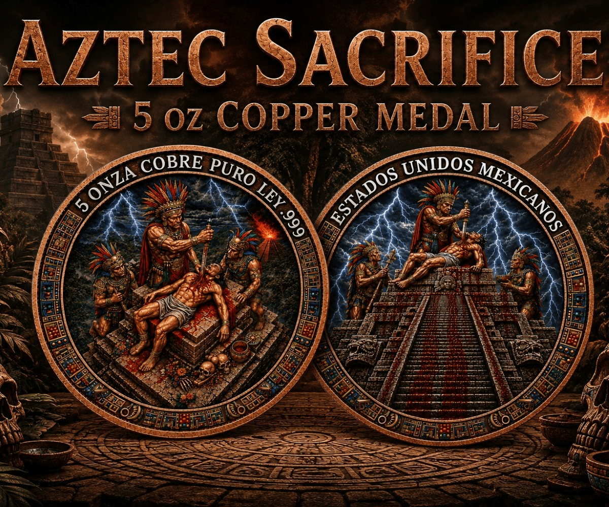 Intricate Aztec Sacrifice 5 oz copper medal, minted in 2026, showcasing detailed artwork from a frontal angle, perf.