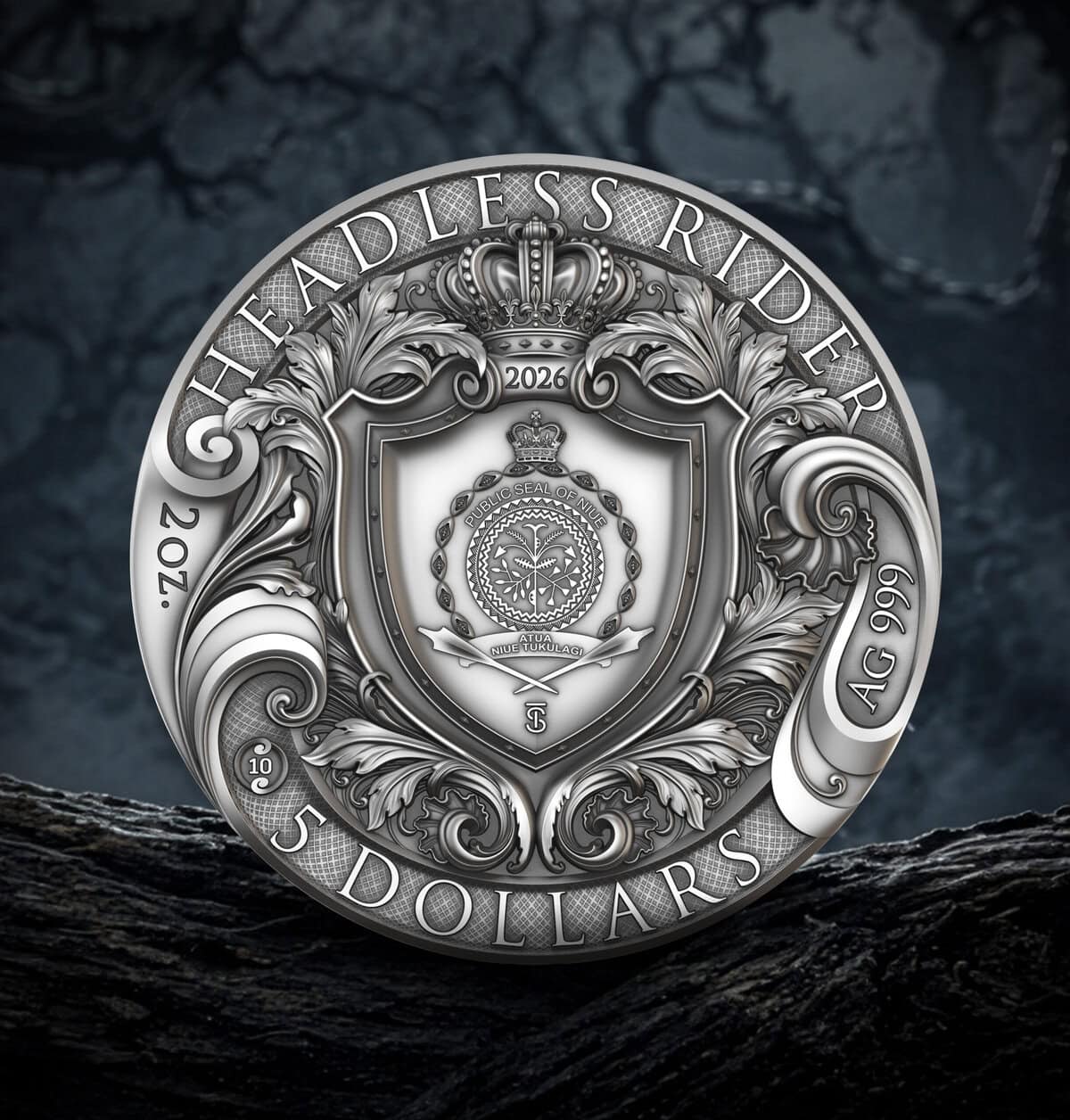 Intricate silver coin featuring the Headless Rider design with high relief, antiqued finish, gilded accents, and co.