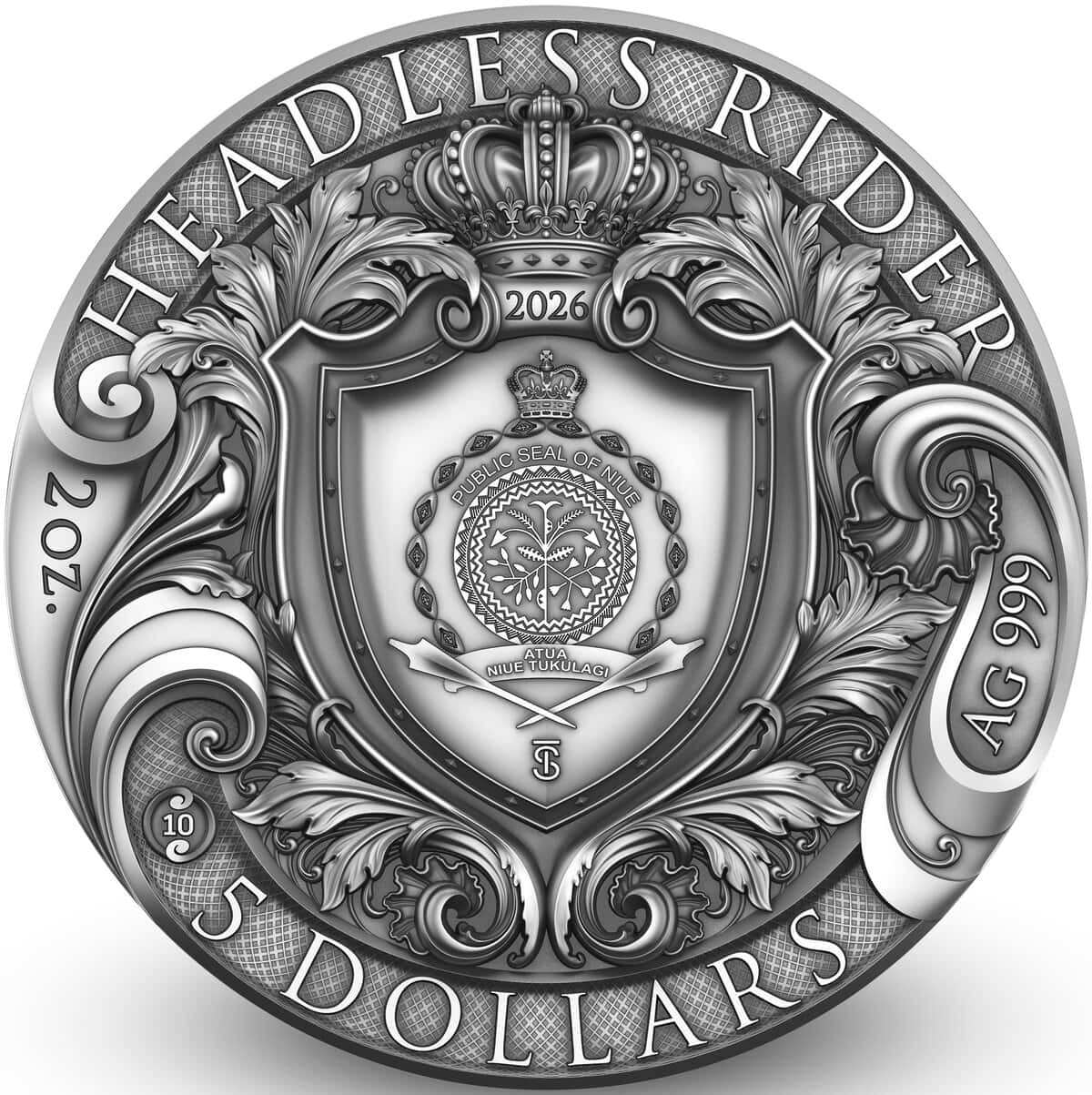 2026 Niue Headless Rider 2 oz Silver Coin with high relief, antiqued finish, gilded details, and colorization, feat.