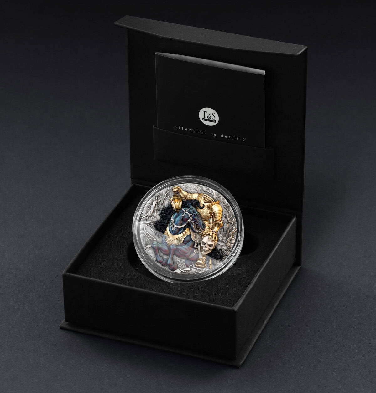 Intricate Niue Headless Rider 2 oz Silver High Relief Antiqued Gilded Colorized Coin in a luxury black presentation.