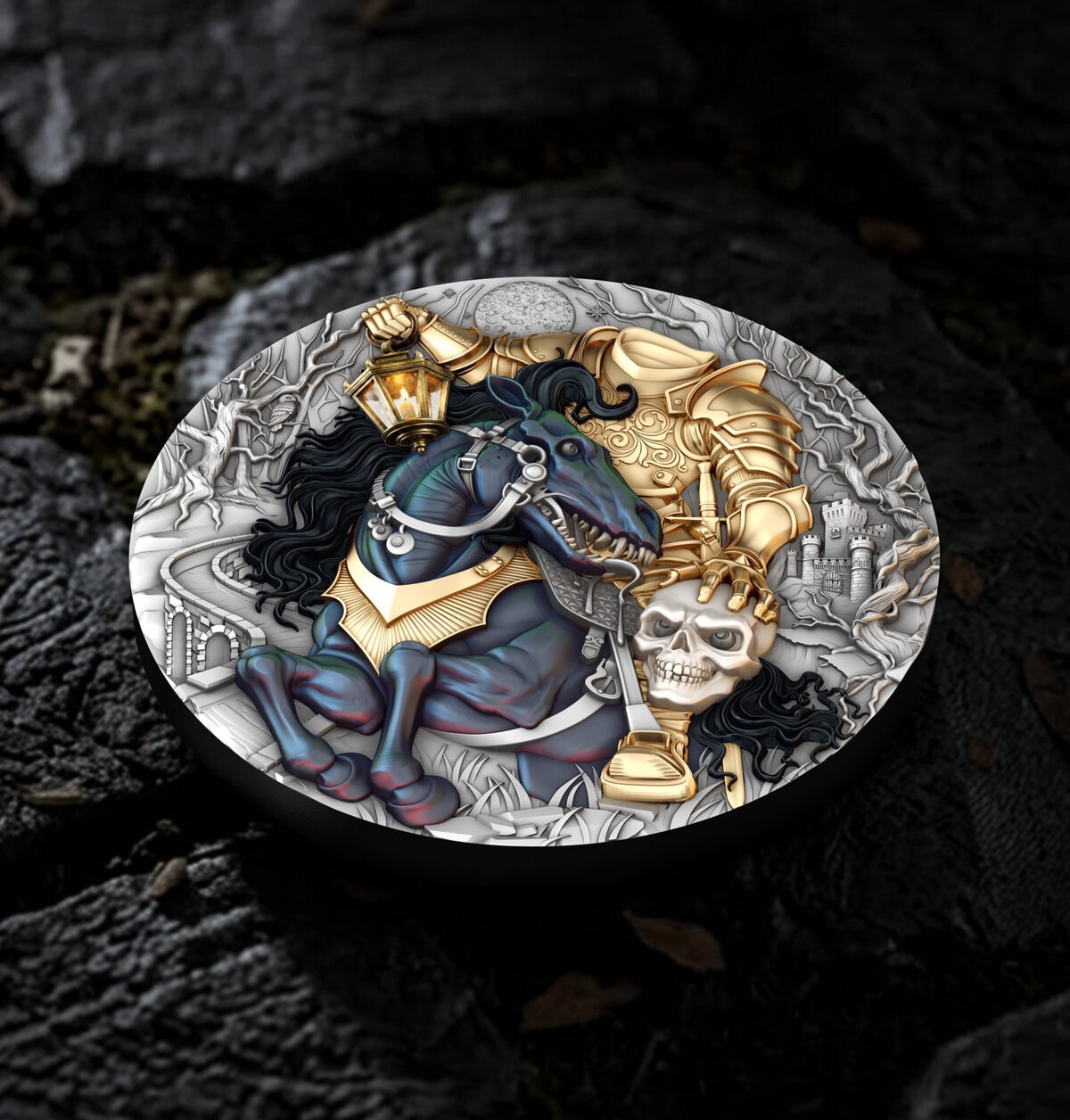 Intricately designed Niue 2026 silver coin featuring a headless rider on a dark horse with gilded armor and a skull.