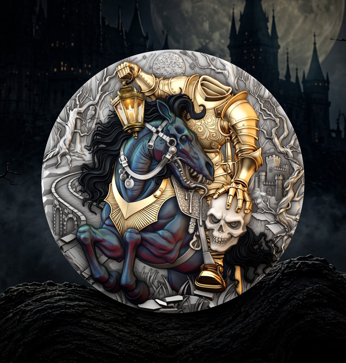 Intricately designed Niue 2026 silver coin featuring a headless rider on a horse with gothic castle background, hig.