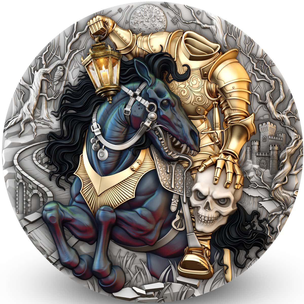 Intricate 2026 Niue coin featuring a headless rider on a dark horse holding a skull, with detailed background and a.