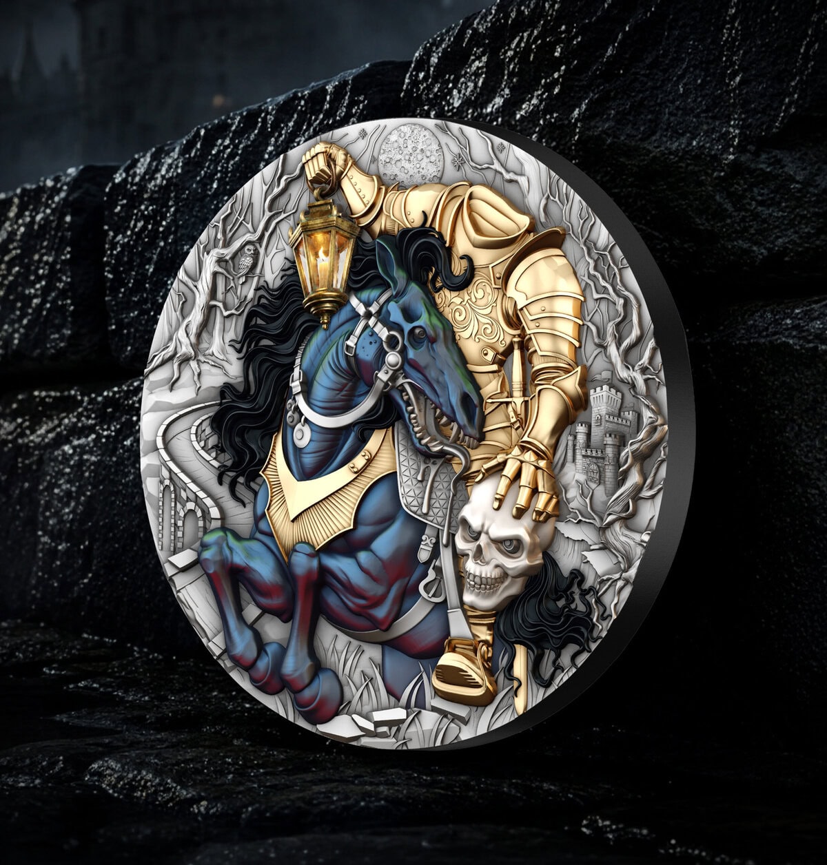 Intricately detailed Niue 2026 silver coin featuring a headless rider on a blue horse with a skull, high relief, an.