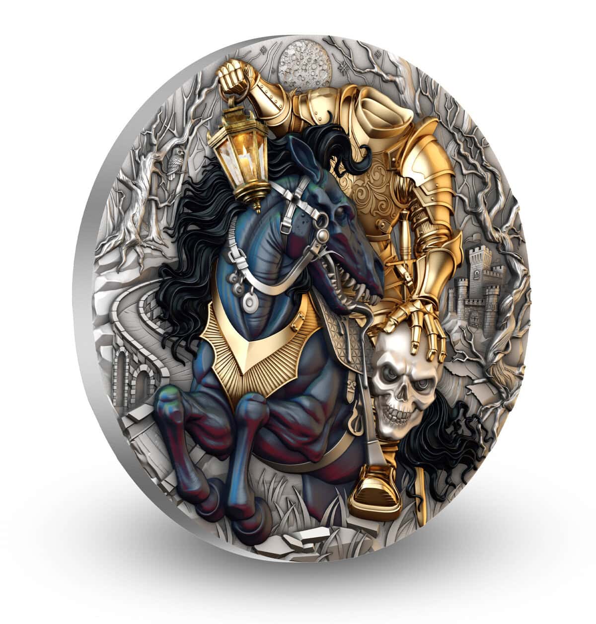 Intricately designed Niue coin featuring a headless rider on a dark horse with gold armor, skull, and detailed back.
