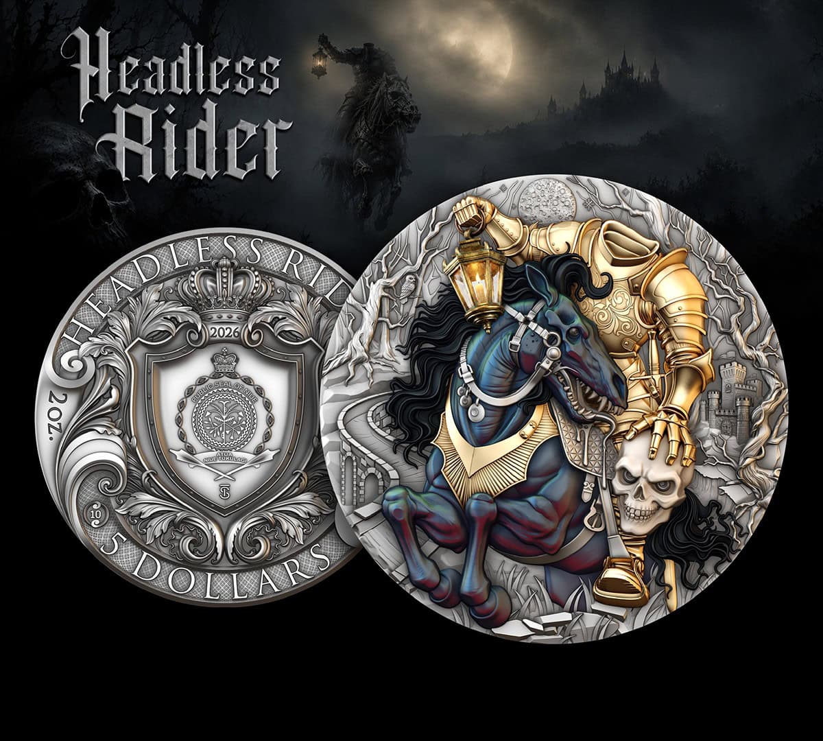 Headless Rider 2026 Niue silver coin with high relief, antiqued, gilded, and colorized design featuring a dark, omi.