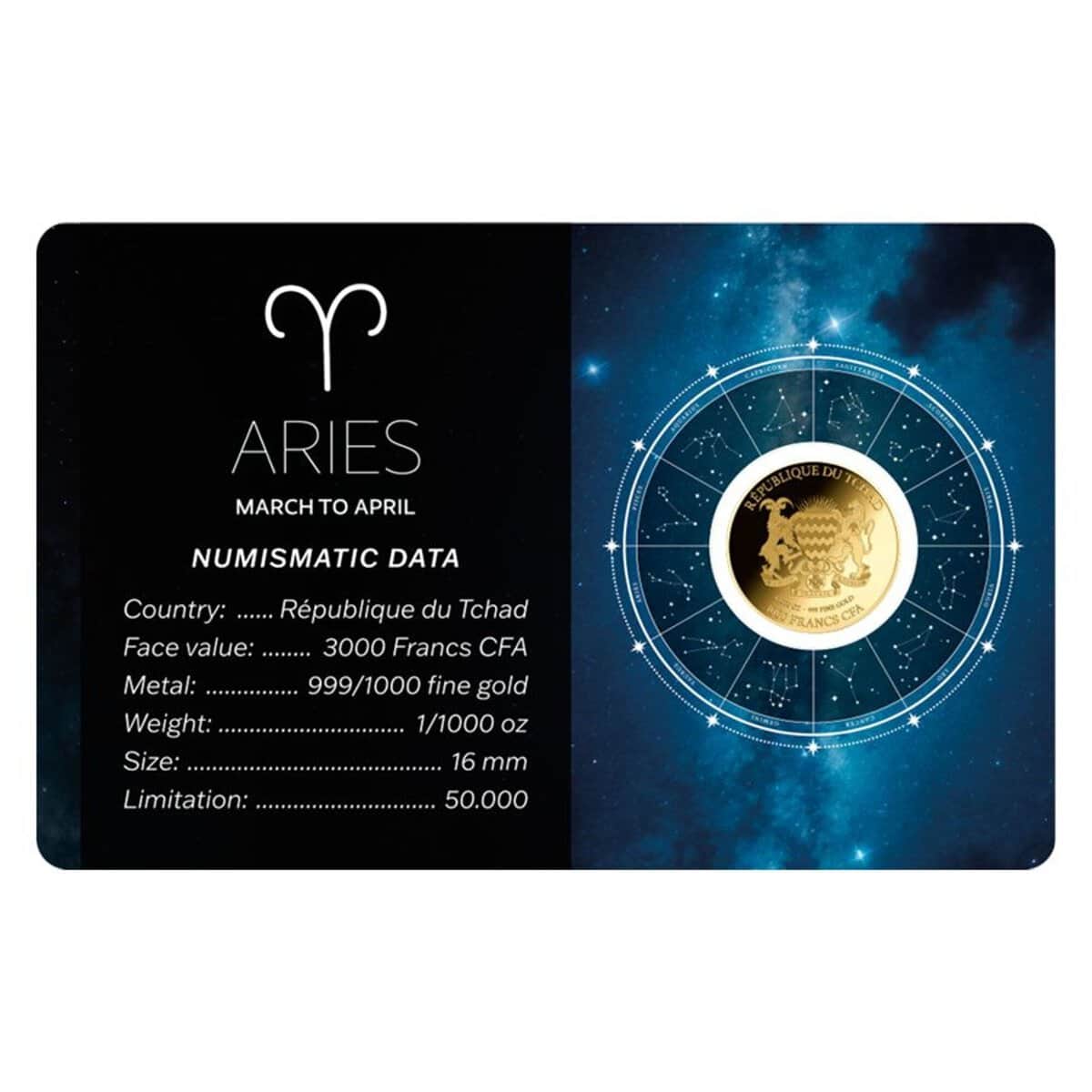 Chad Zodiac Sign Aries 1/1000 oz Gold Proof-Like Coin in Assay Card - Image 2
