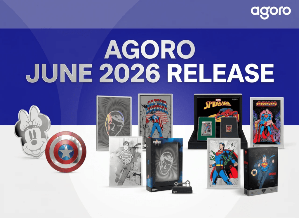 A silver coin viewed from an angle, 2026 mint, 10g, part of the June release collection, featuring a superhero them.