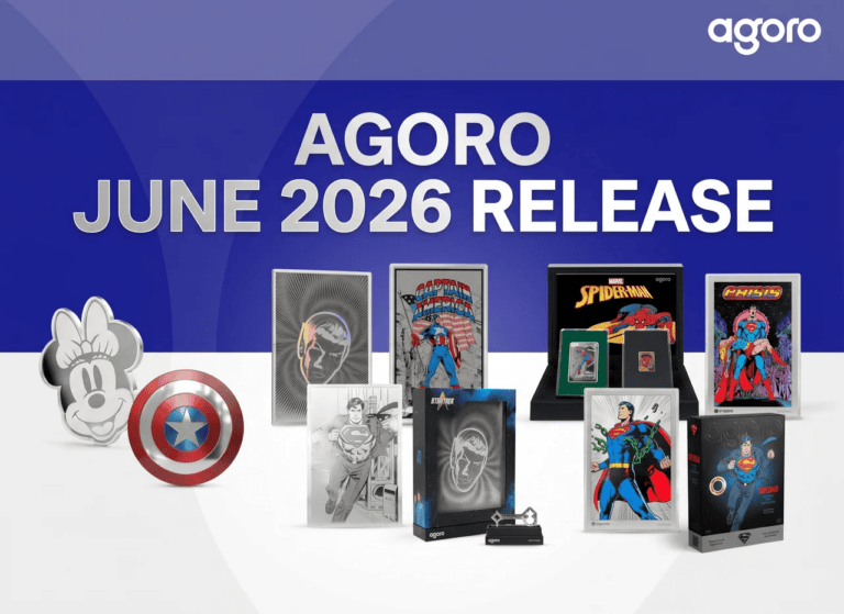 A silver coin viewed from an angle, 2026 mint, 10g, part of the June release collection, featuring a superhero them.