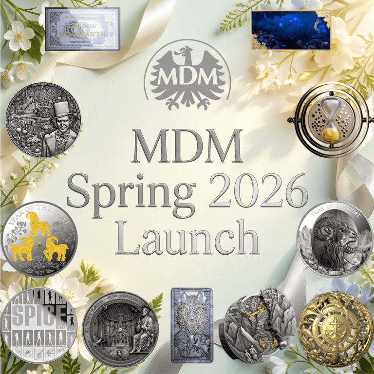 Intricate silver coin from 2026, minted by the Royal Mint, viewed from a slight angle, weighing 50 grams, featuring.