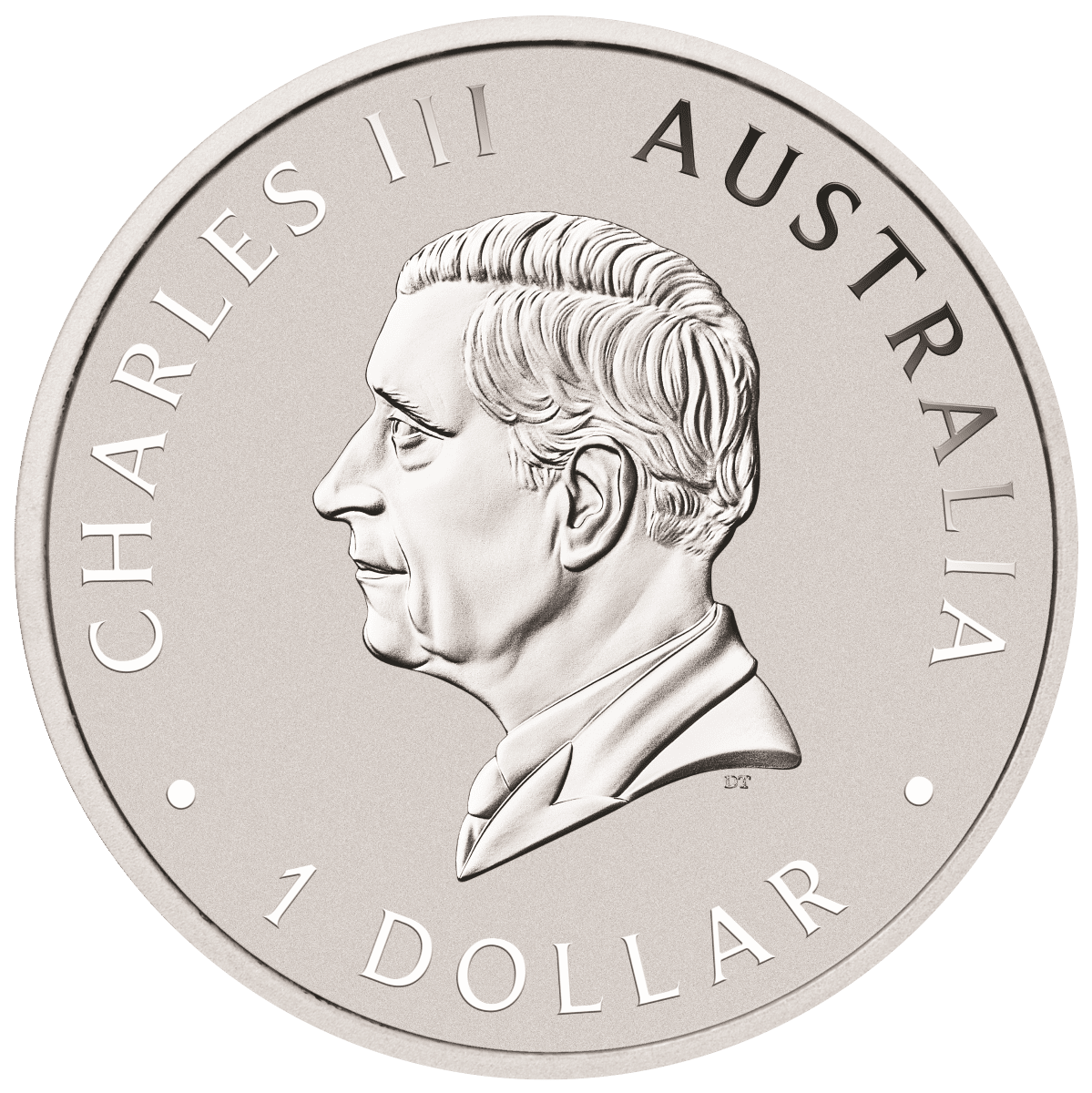 Obverse of the 1 oz silver Koala coin bearing the King Charles III effigy and 1 dollar legend.