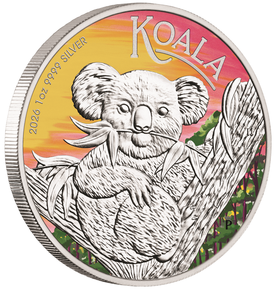Colorized 1 oz silver Koala reverse showing a koala in a eucalyptus tree against a sunset sky.