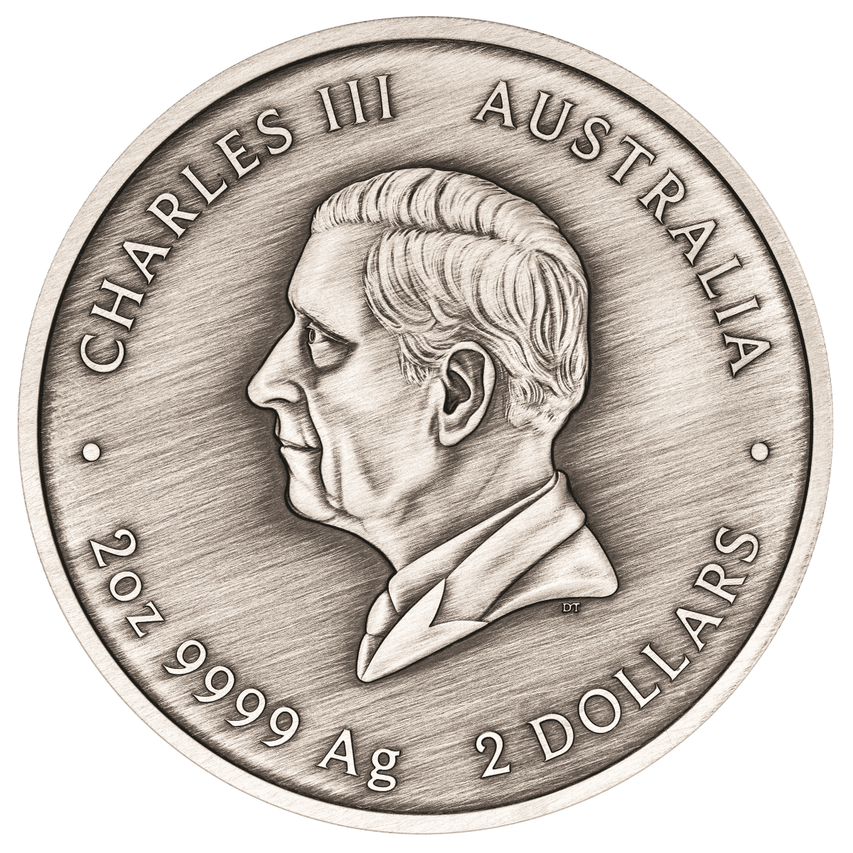 Antiqued silver coin obverse with the Charles III effigy and 2oz 9999 Ag 2 DOLLARS legend.