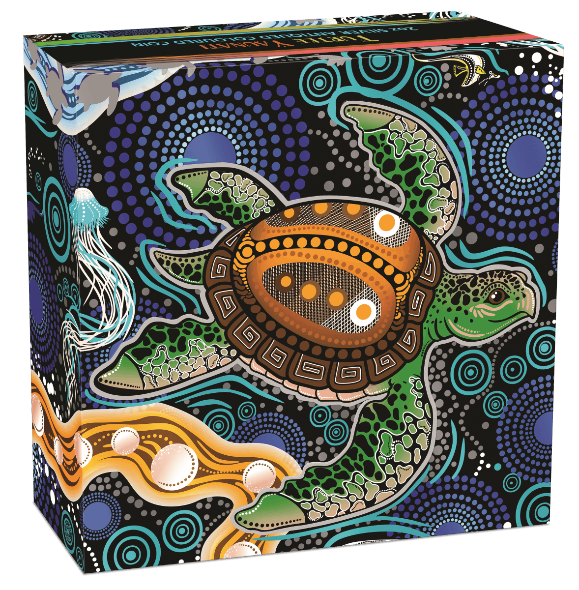 Closed Turtle Yaunati box printed with the full colorized Aboriginal-style sea turtle artwork.