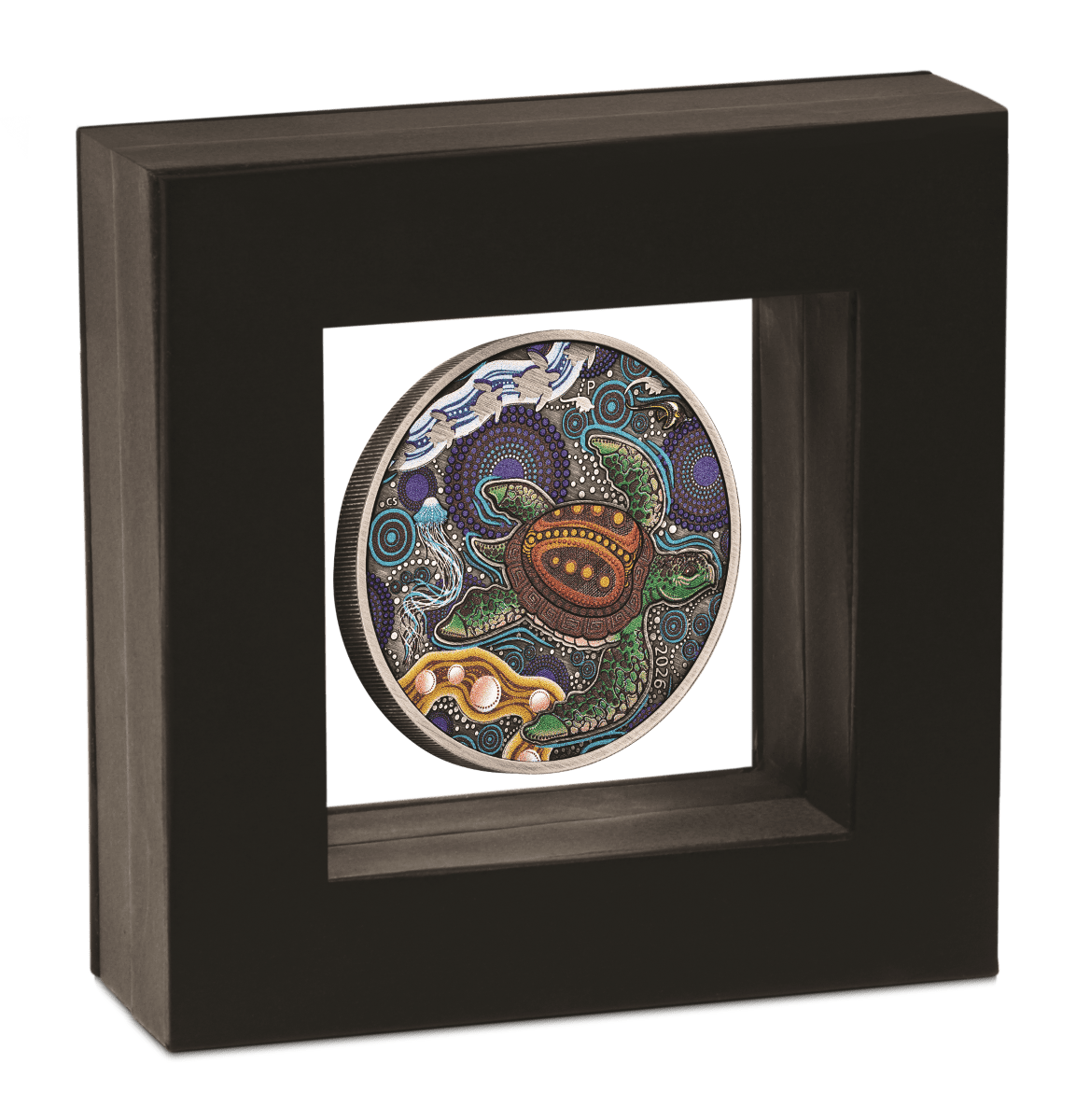 Turtle Yaunati antiqued coin suspended in a black floating-frame display case, reverse in view.