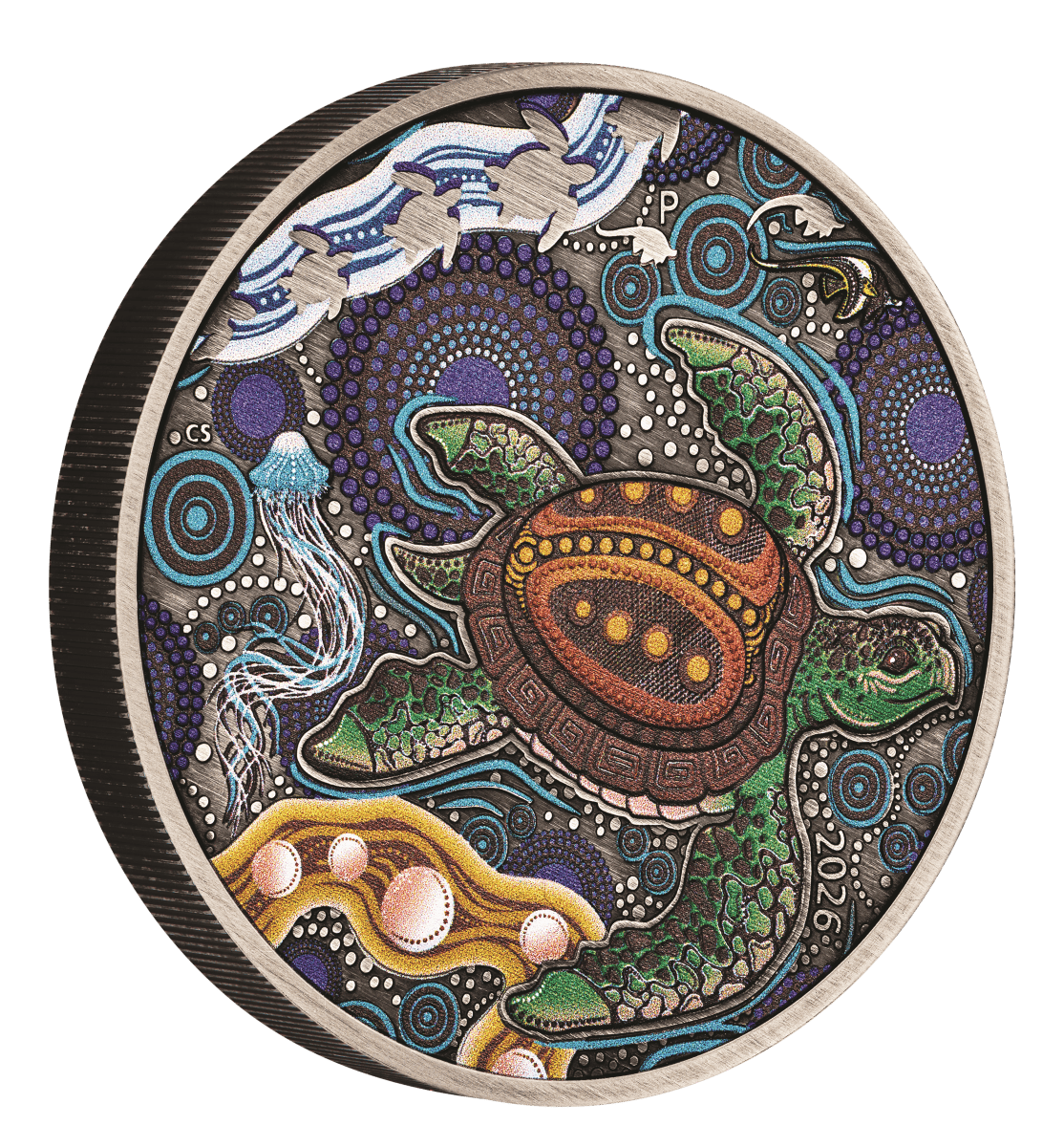 Oblique Turtle Yaunati antiqued coin showing the full colorized turtle reverse and thick reeded edge.