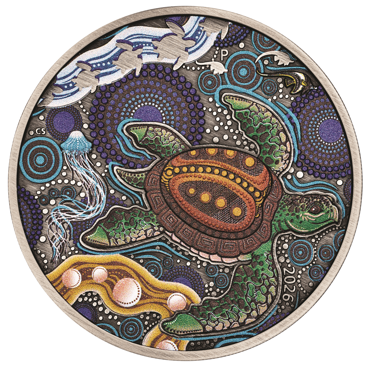 Antiqued color reverse of the 2026 Australia Yaunati 2 oz silver turtle coin in Aboriginal art style.