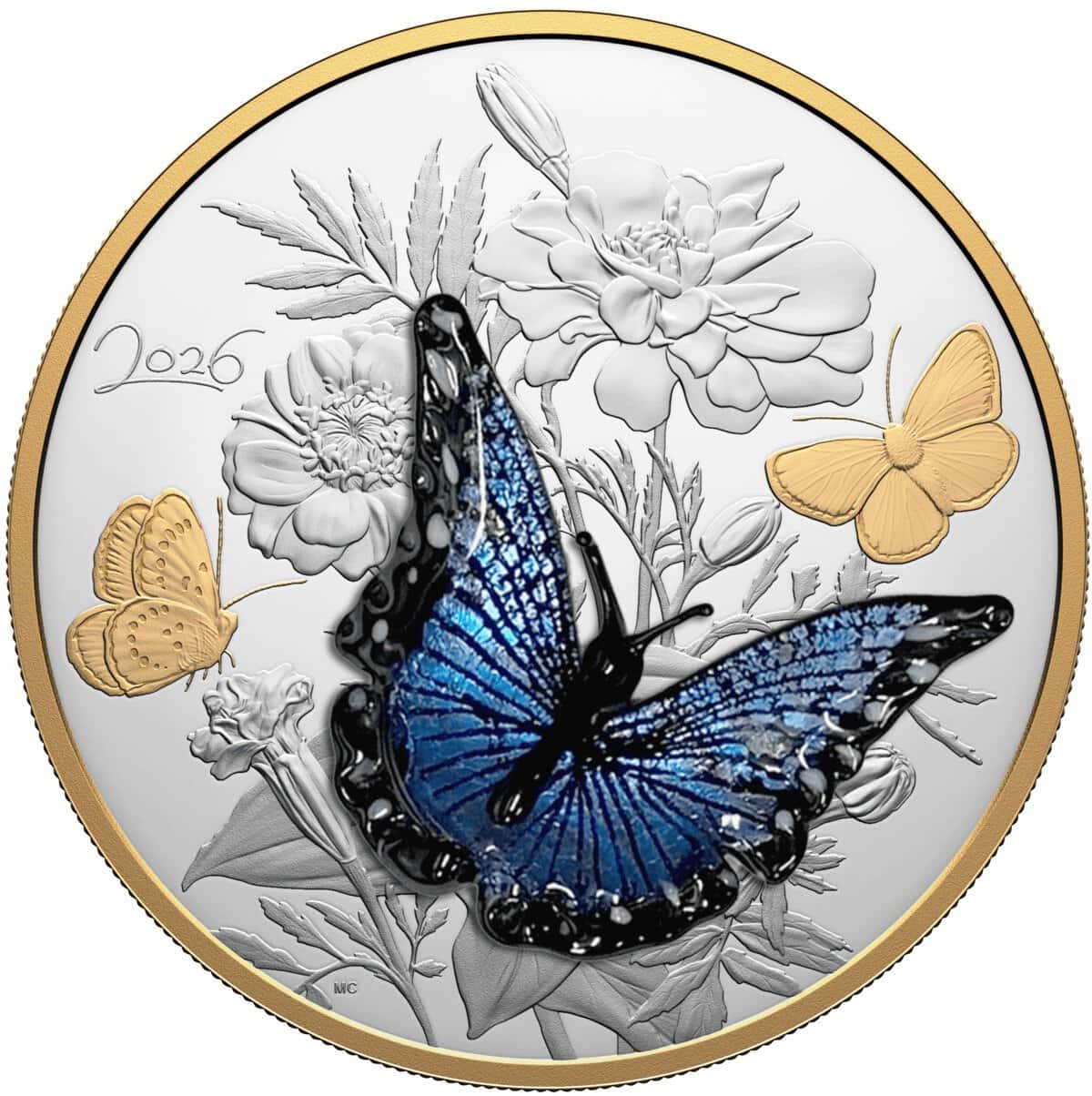 2026 Canada Murano Glass Blue Butterfly 502.5g Silver Proof Gilded 3D Coin Front