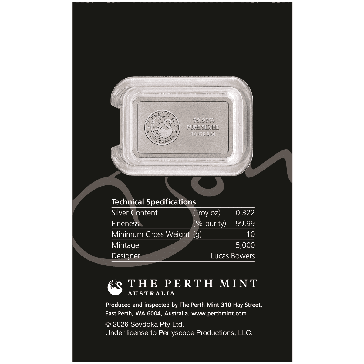 Reverse card showing the bar swan side and Perth Mint technical specifications for the 10 gram bar.