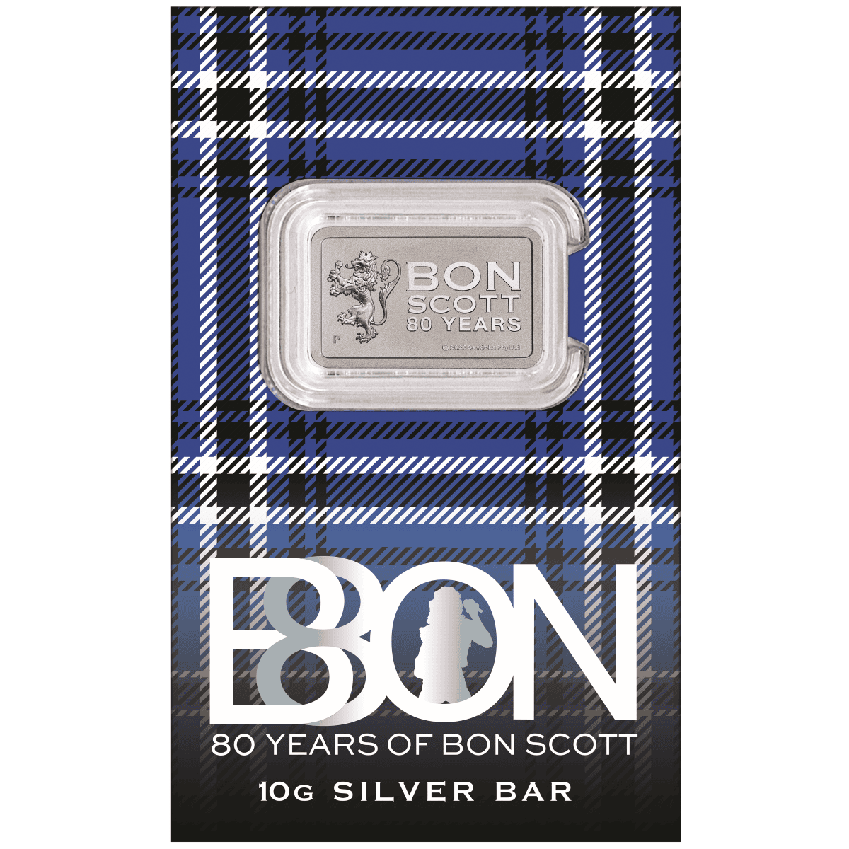 Bon Scott 10g silver bar capsuled on a blue tartan card reading 80 Years of Bon Scott.