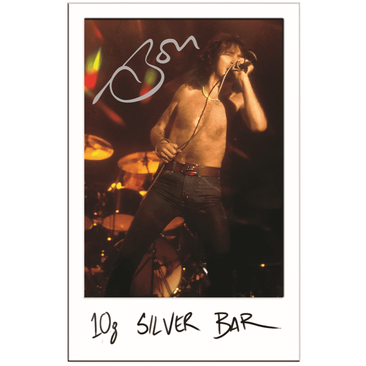 Signed Bon Scott performance photo card with the singer at the mic and 10g Silver Bar caption.