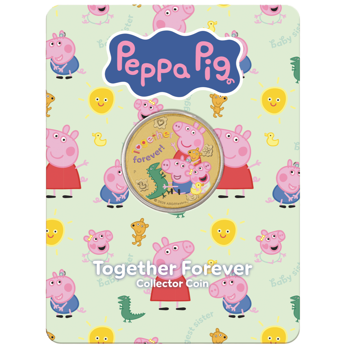Peppa Pig Together Forever collector card front with the gilded coin held in a clear capsule.