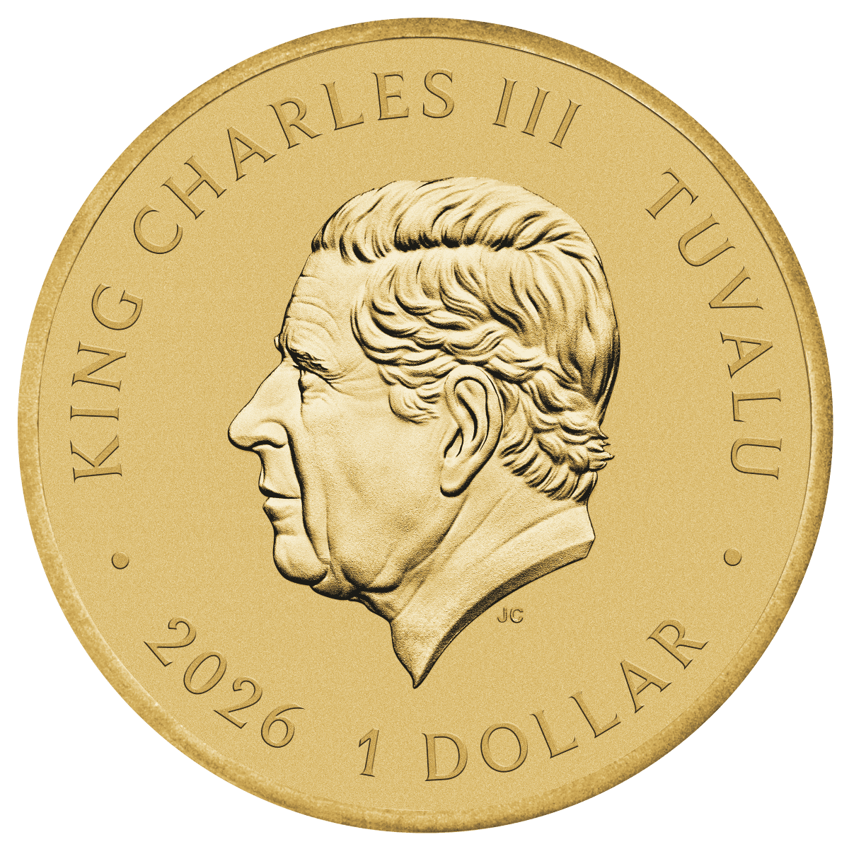 Gilded coin obverse with the King Charles III effigy, TUVALU, 2026, and 1 DOLLAR lettering.